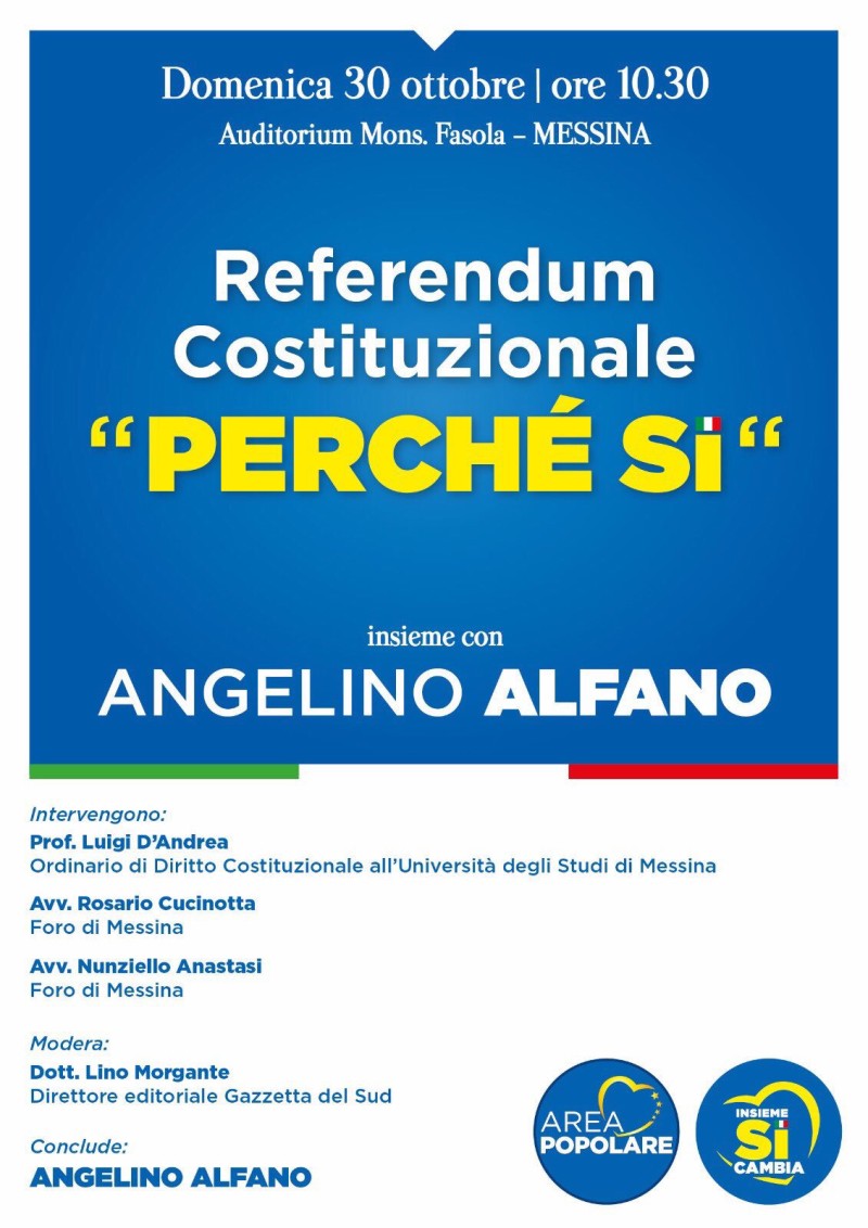 Referendum, le ragioni del SI. Domenica incontro a Messina col Ministro Alfano