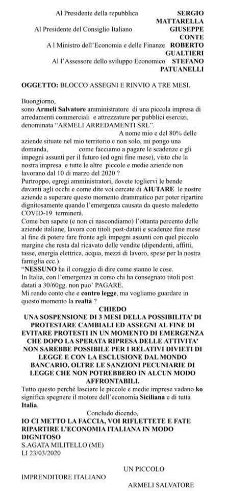 “Come faremo ad onorare le scadenze?”. Drammatico appello dell’imprenditore Salvatore Armeli  al Presidente della Repubblica!